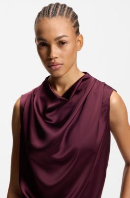 Satin top with draped neckline, Bordeaux