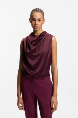 Satin top with draped neckline, Bordeaux