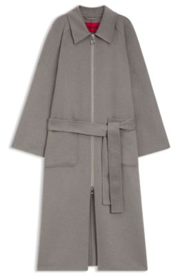 Belted coat in double-faced fabric, Grey