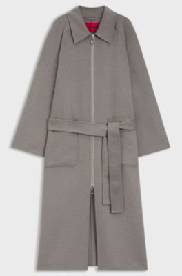 Belted coat in double-faced fabric, Grey