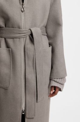 Belted coat in double-faced fabric, Grey