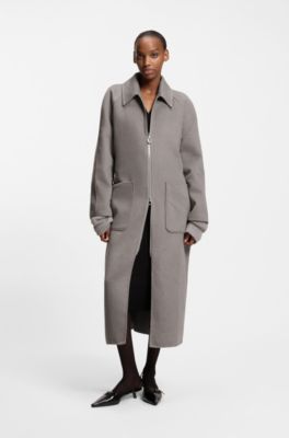 Belted coat in double-faced fabric, Grey