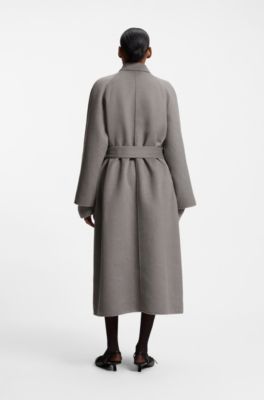 Belted coat in double-faced fabric, Grey