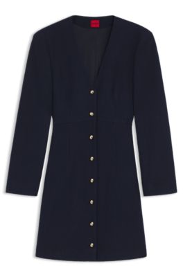 Boucl&eacute; dress with gold-tone buttons, Dark Blue