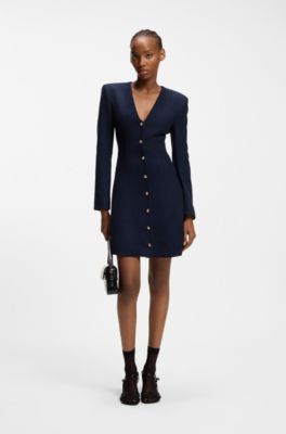 Boucl&eacute; dress with gold-tone buttons, Dark Blue