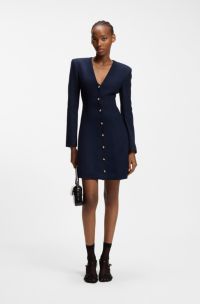 Boucl&eacute; dress with gold-tone buttons, Dark Blue