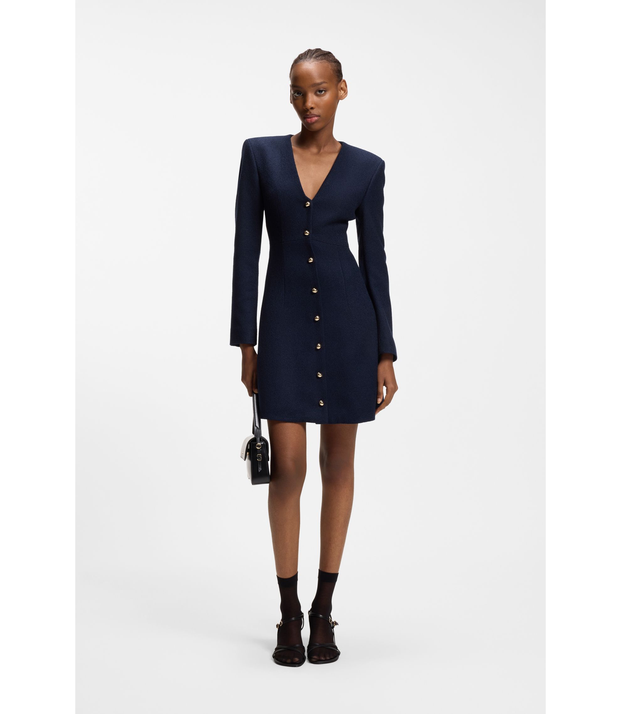 Bouclé-Kleid mit goldfarbenen Knöpfen