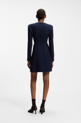 Boucl&eacute; dress with gold-tone buttons, Dark Blue