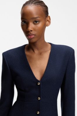 Boucl&eacute; dress with gold-tone buttons, Dark Blue