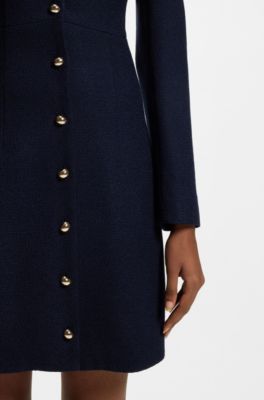 Boucl&eacute; dress with gold-tone buttons, Dark Blue
