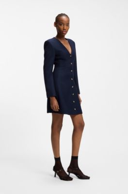 Boucl&eacute; dress with gold-tone buttons, Dark Blue