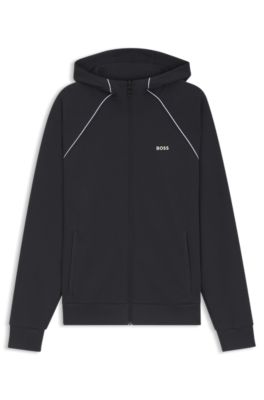 Cotton-blend zip-up hoodie with piping details, Dark Blue