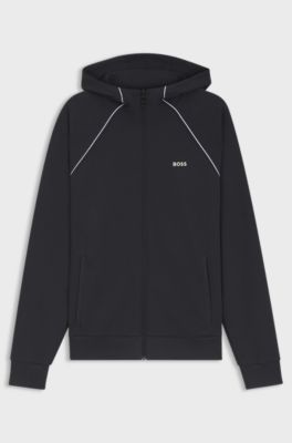 Cotton-blend zip-up hoodie with piping details, Dark Blue