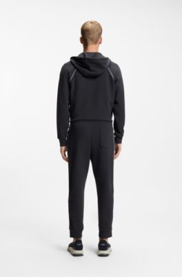 Sweat &agrave; capuche zipp&eacute; en coton m&eacute;lang&eacute; &agrave; d&eacute;tails passepoil&eacute;s, Bleu fonc&eacute;