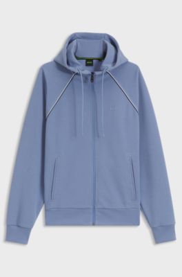 Cotton-blend zip-up hoodie with piping details, Light Blue