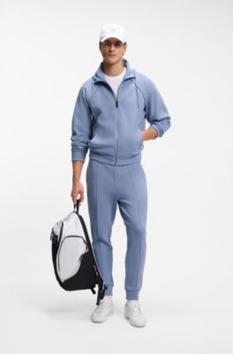 Cotton-blend zip-up hoodie with piping details, Light Blue