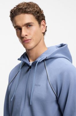 Cotton-blend zip-up hoodie with piping details, Light Blue