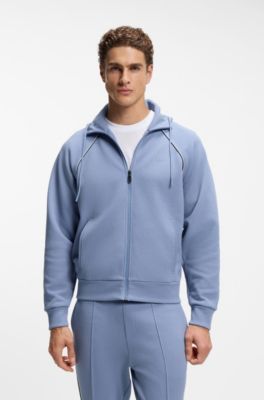 Felpa con cappuccio in misto cotone con zip e profili, Celeste