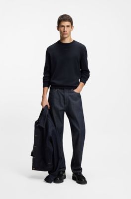 Katoenen trui in een slim-fit met logodetail, Donkerblauw