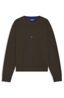 Knitted-cotton sweater with blue logo badge, Dark Brown