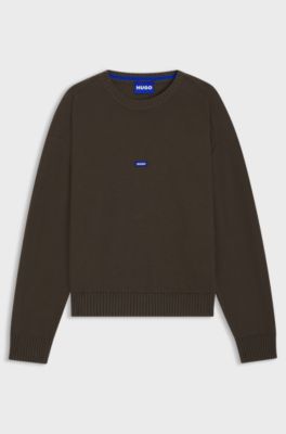 Maglione in maglia di cotone con targhetta con logo blu, Marrone scuro