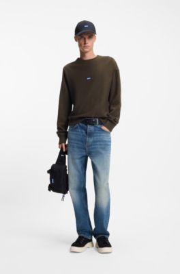 Maglione in maglia di cotone con targhetta con logo blu, Marrone scuro