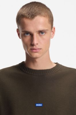 Knitted-cotton sweater with blue logo badge, Dark Brown