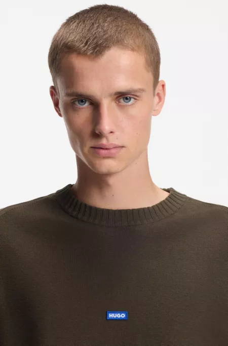 Knitted-cotton sweater with blue logo badge