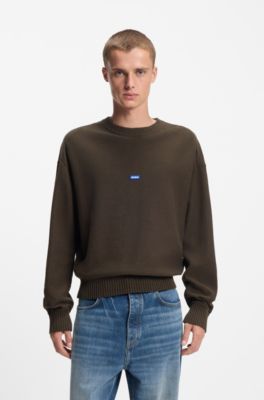 Maglione in maglia di cotone con targhetta con logo blu, Marrone scuro