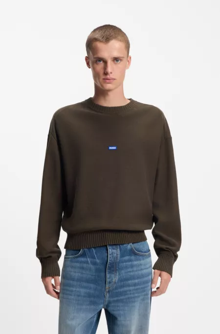 Knitted-cotton sweater with blue logo badge