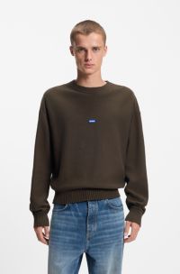 Knitted-cotton sweater with blue logo badge, Dark Brown