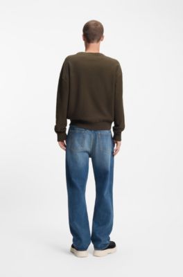 Maglione in maglia di cotone con targhetta con logo blu, Marrone scuro