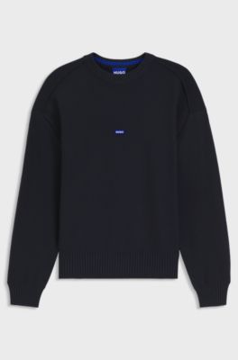 Knitted-cotton sweater with blue logo badge, Dark Blue