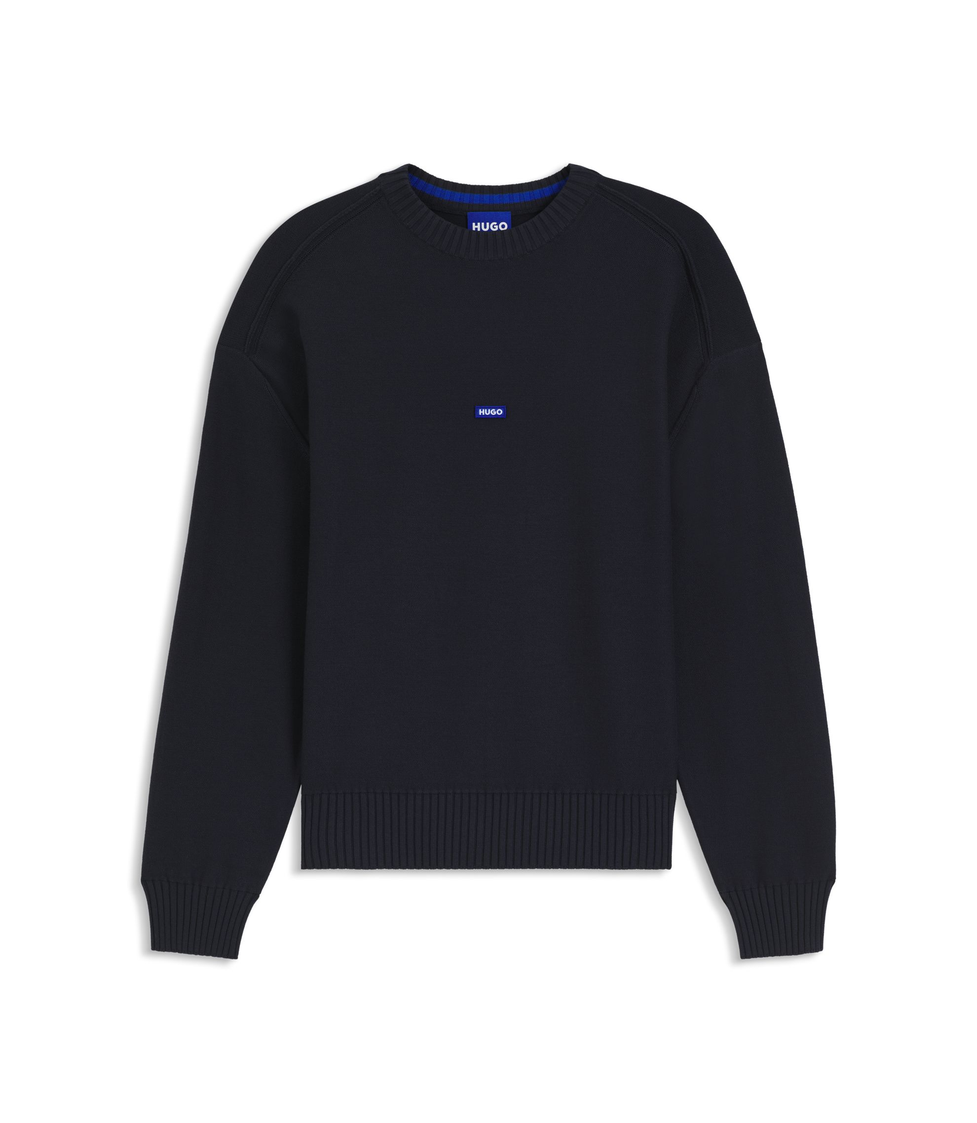 HUGO - Knitted-cotton sweater with blue logo badge - Dark Blue