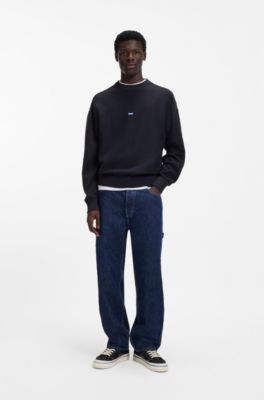 Knitted-cotton sweater with blue logo badge, Dark Blue