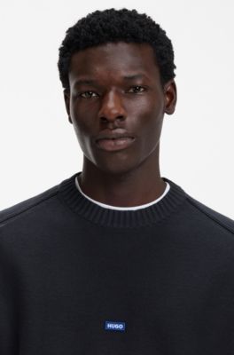 Knitted-cotton sweater with blue logo badge, Dark Blue