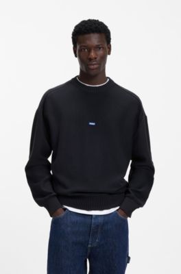 Knitted-cotton sweater with blue logo badge, Dark Blue