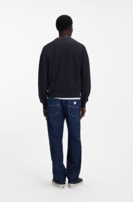 Maglione in maglia di cotone con targhetta con logo blu, Blu scuro
