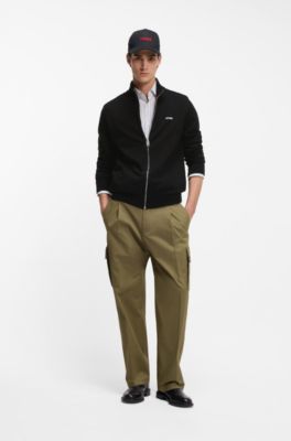 Slim-fit knitted jacket in cotton with logo detail, Black