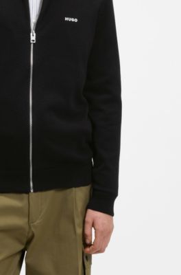 Slim-fit knitted jacket in cotton with logo detail, Black