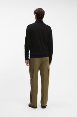 Slim-fit knitted jacket in cotton with logo detail, Black