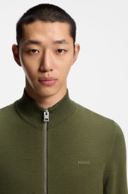 Slim fit jakke i strikket bomuld med logo, Olivengr&oslash;n