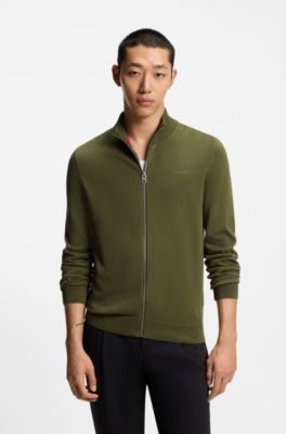 Slim fit jakke i strikket bomuld med logo, Olivengr&oslash;n