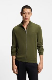 Slim-fit knitted jacket in cotton with logo detail, Olive