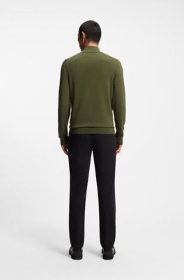 Slim fit jakke i strikket bomuld med logo, Olivengr&oslash;n