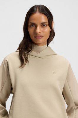 Felpa con cappuccio in misto cotone con pannelli a contrasto, Beige chiaro