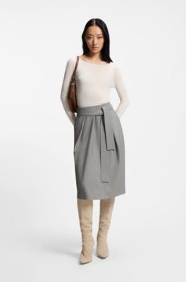 Pleat-front skirt with belt, Light Grey