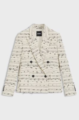 Regular-fit blazer in striped cotton-blend tweed, Beige Patterned