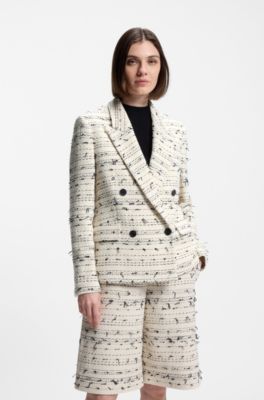 Regular-fit gestreepte tweed blazer van een katoenmix, Beige met dessin