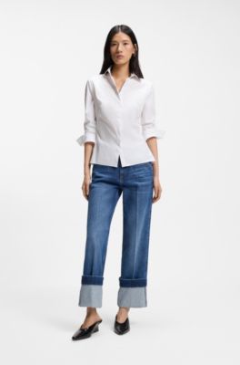 Slim-fit blouse in easy-iron cotton-blend poplin, White